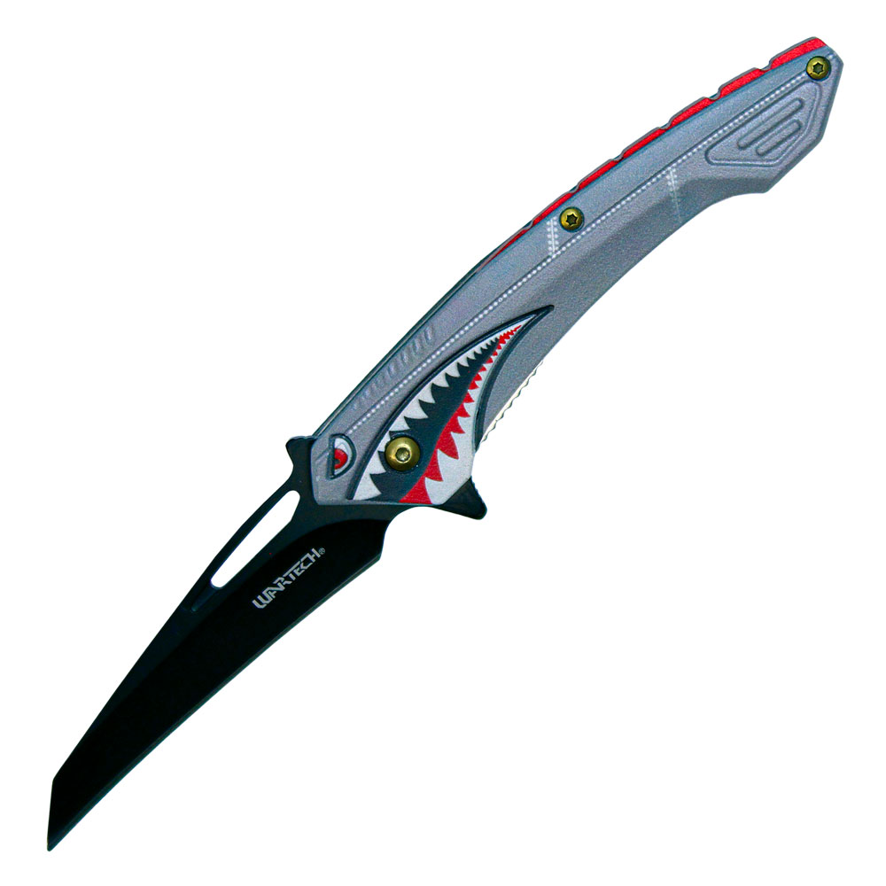 Assisted Open Folding Pocket Knife Gray with Flying Shark Design